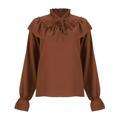 Noua moda femeilor doamne de culoare solida cu volane gat sifon bluza bandaj cravata camasa cu maneca lunga top plus size