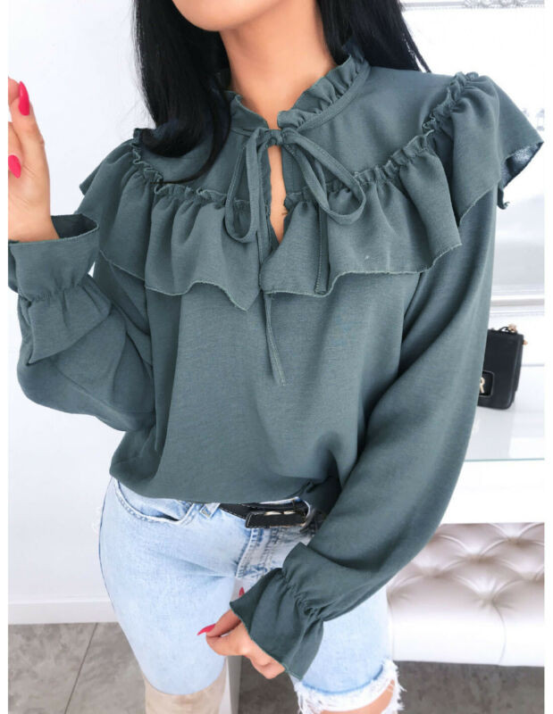 Uus mood naiste naiste ühevärvilised volangid kaelus šifoonist topsid Pluus Bandage Tie pikkade varrukatega särk, top Plus Size