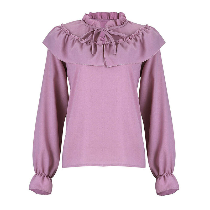 Uus mood naiste naiste ühevärvilised volangid kaelus šifoonist topsid Pluus Bandage Tie pikkade varrukatega särk, top Plus Size