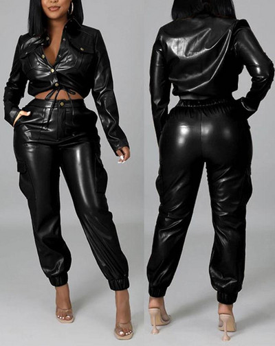 Kétrészes szettek Női ruhák Divatos Sima cipzáras PU bőr hosszú ujjú felső és vékony alkalmi mandzsetta nadrág szett Utcai ruhák