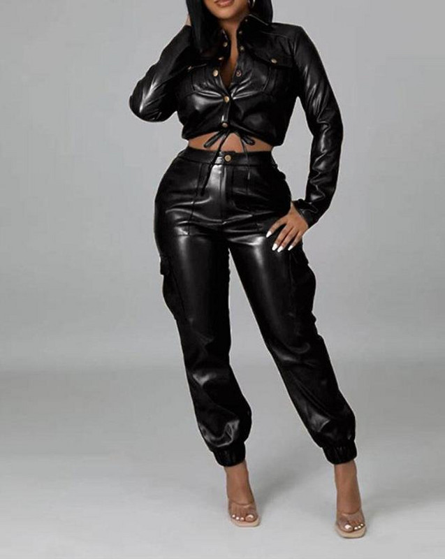 Kétrészes szettek Női ruhák Divatos Sima cipzáras PU bőr hosszú ujjú felső és vékony alkalmi mandzsetta nadrág szett Utcai ruhák