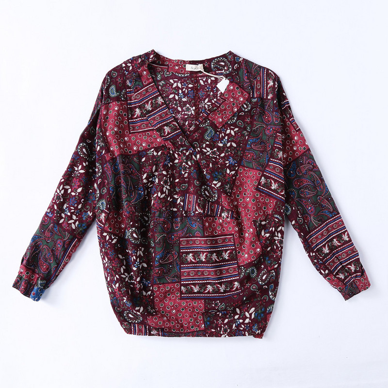 Decolteu adânc în V cu imprimeu de flori de epocă Bluză largi pentru femei cămașă de vară din bumbac și cu mânecă lungă kaki cămăși elegante de modă pentru femei