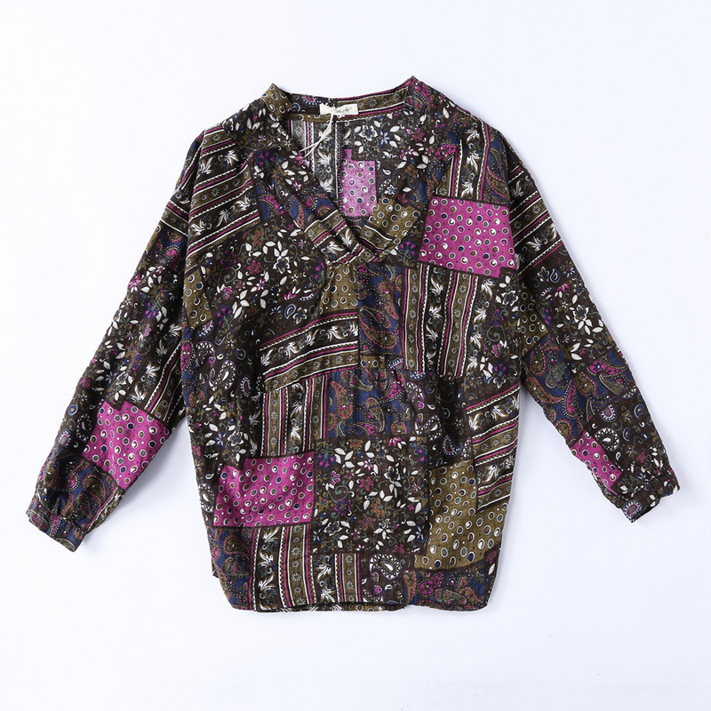 Decolteu adânc în V cu imprimeu de flori de epocă Bluză largi pentru femei cămașă de vară din bumbac și cu mânecă lungă kaki cămăși elegante de modă pentru femei