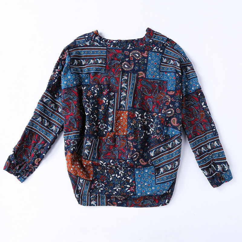 Decolteu adânc în V cu imprimeu de flori de epocă Bluză largi pentru femei cămașă de vară din bumbac și cu mânecă lungă kaki cămăși elegante de modă pentru femei