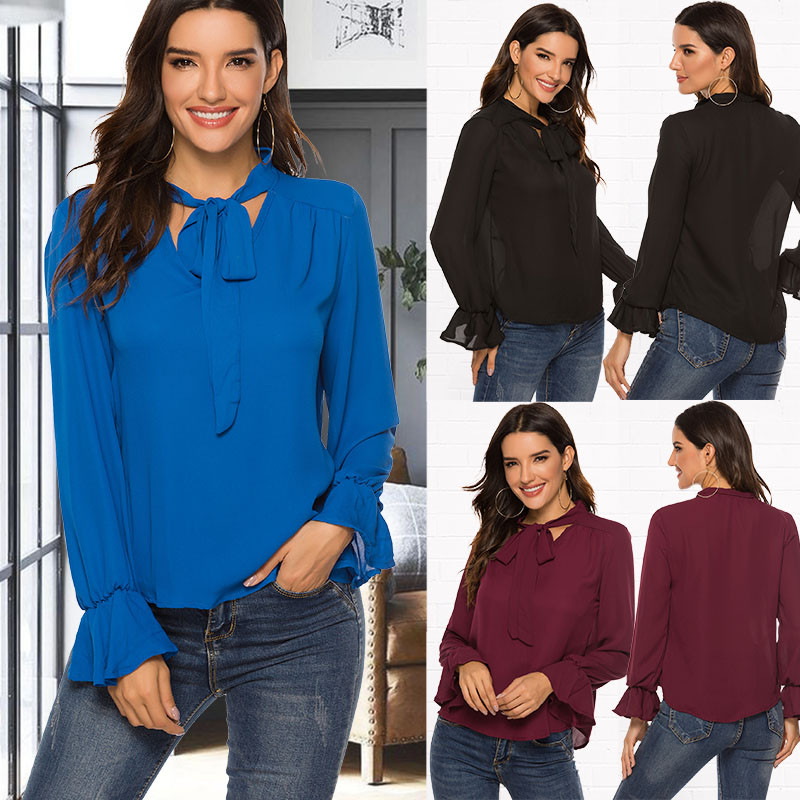 Елегантна дамска риза с папийонка 2019 Пролетни дамски едноцветни шифонени ризи с дълъг ръкав Ежедневни блузи Ретро топове Blusas