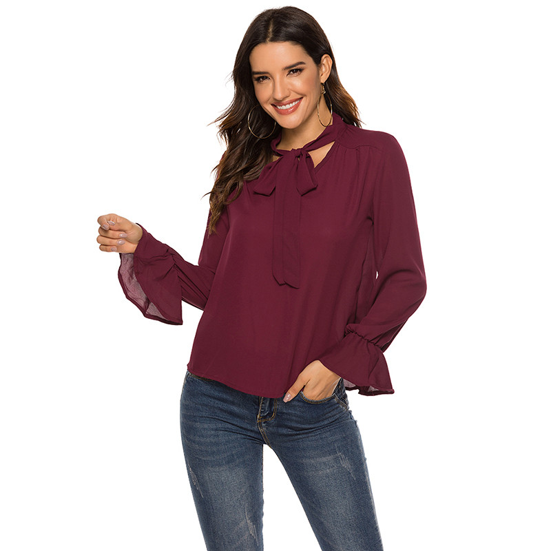 Елегантна дамска риза с папийонка 2019 Пролетни дамски едноцветни шифонени ризи с дълъг ръкав Ежедневни блузи Ретро топове Blusas