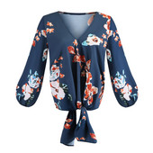 Φθινοπωρινή μόδα Πουκάμισα μπλούζα με μακρυμάνικο V λαιμόκοψη Μπλούζες μπλούζες Γυναικείες φλοράλ στάμπες με κορδόνια μπλούζες Γυναικεία casual loose τοπ 2019