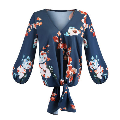 Φθινοπωρινή μόδα Πουκάμισα μπλούζα με μακρυμάνικο V λαιμόκοψη Μπλούζες μπλούζες Γυναικείες φλοράλ στάμπες με κορδόνια μπλούζες Γυναικεία casual loose τοπ 2019