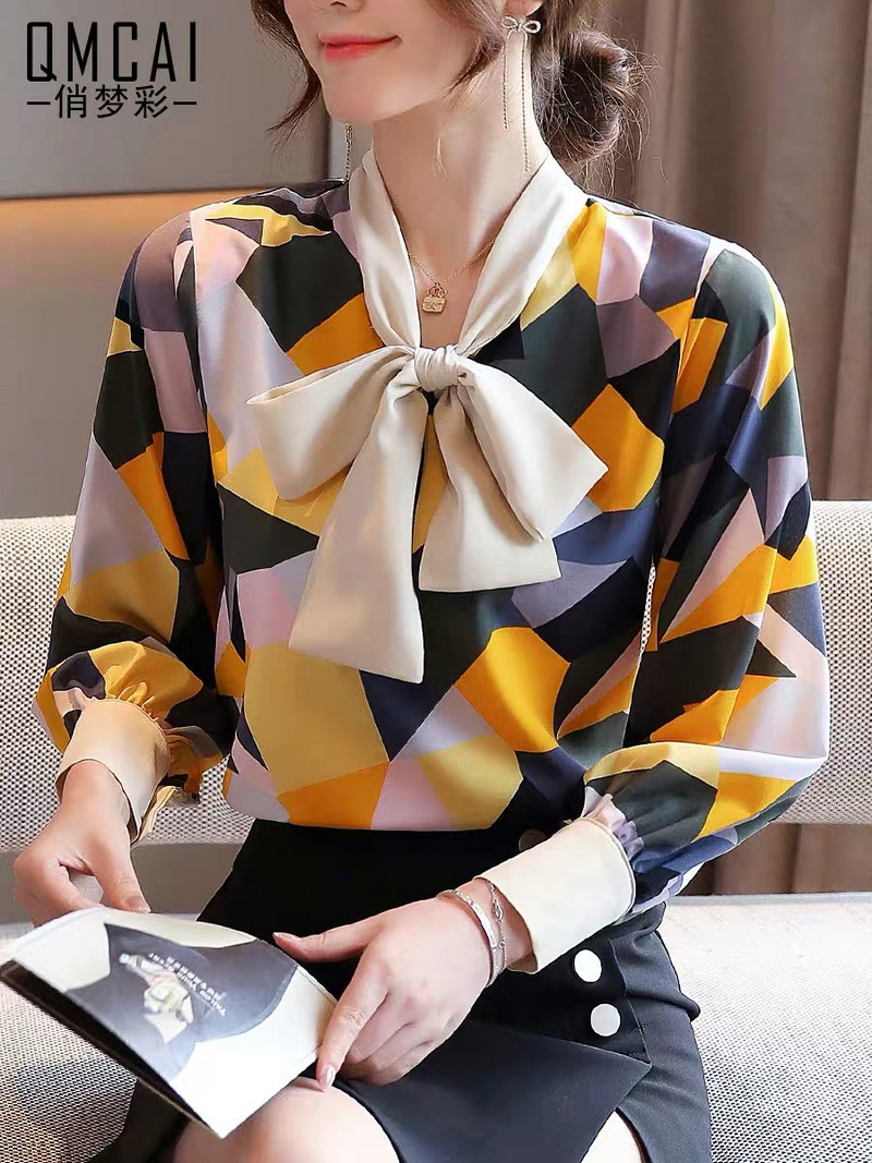 CHICLADY vabaaja plokk värvi vibu krae pikkade varrukatega kevadsuvi särk naiste naiste pluus topid uus mood blusas mujer de moda