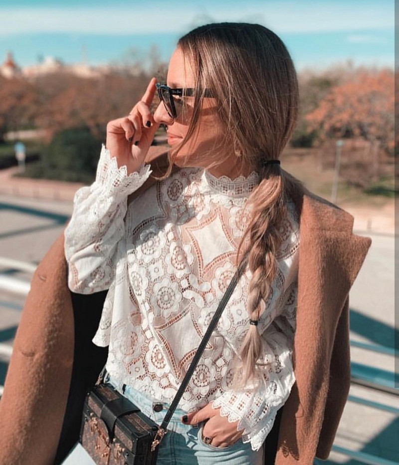 Nova ženska odjeća 2021. Čipkaste bluze Samostojeći ovratnik Slatke košulje Seksi perspektivne modne bluze dugih rukava Proljetne čipkaste majice