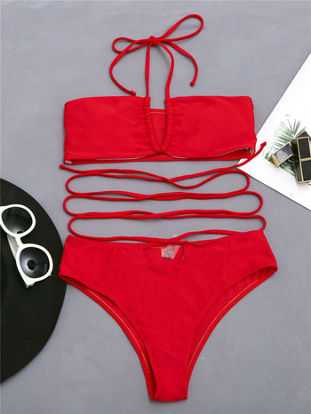 Para Praia 2023 Sexy Red Halter Σετ Μπικίνι Σταυρός Επίδεσμος Γυναικεία Μαγιό Ψηλόμεσο μαγιό Μπικίνι μαγιό