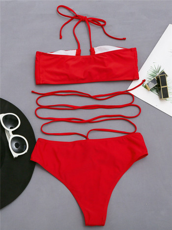 Para Praia 2023 Sexy Red Halter Σετ Μπικίνι Σταυρός Επίδεσμος Γυναικεία Μαγιό Ψηλόμεσο μαγιό Μπικίνι μαγιό