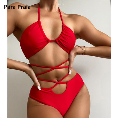 Para Praia 2023 Set de bikini sexy roșu cu Halter, cu bandaj încrucișat, costum de baie pentru femei, costum de baie cu talie înaltă, costum de baie scobit Biquini