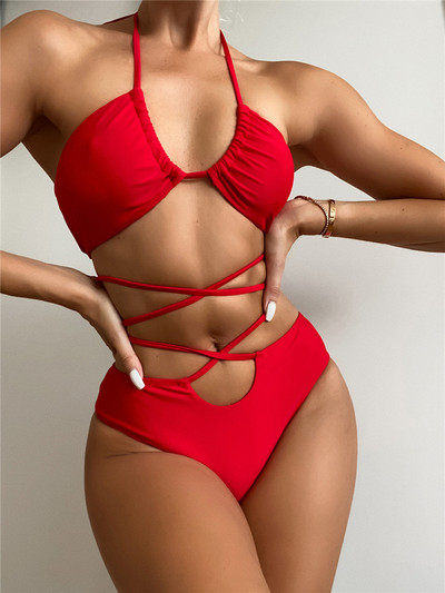 Para Praia 2023 Set de bikini sexy roșu cu Halter, cu bandaj încrucișat, costum de baie pentru femei, costum de baie cu talie înaltă, costum de baie scobit Biquini