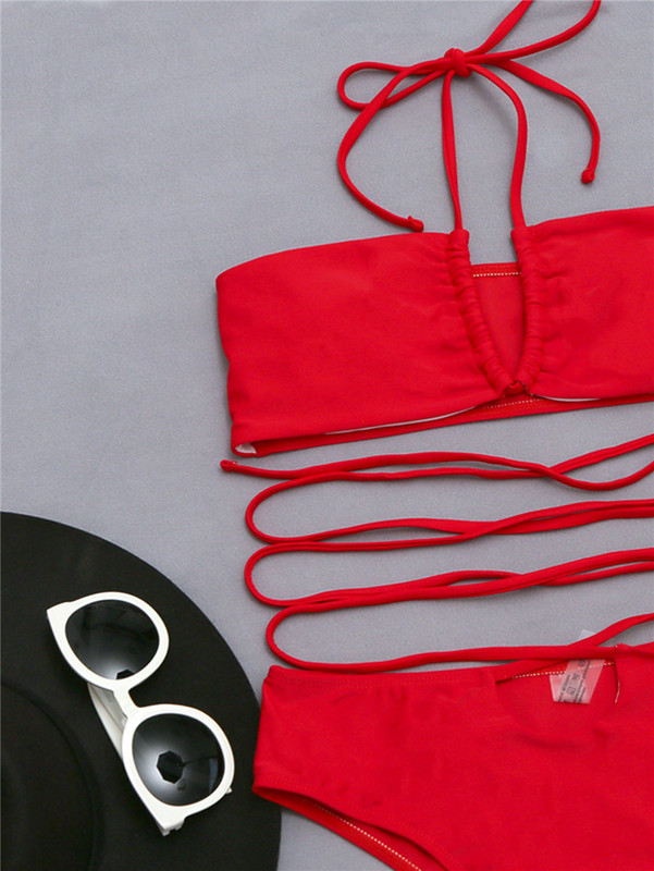 Para Praia 2023 Set de bikini sexy roșu cu Halter, cu bandaj încrucișat, costum de baie pentru femei, costum de baie cu talie înaltă, costum de baie scobit Biquini