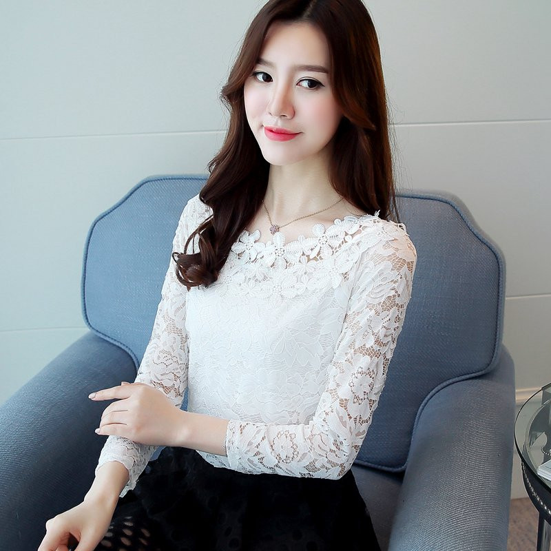 2019, noua toamnă, bluze din dantelă albă pentru femei, topuri feminine cu mâneci lungi, cămăși elegante cu scobitură bluză cu flori dentelle