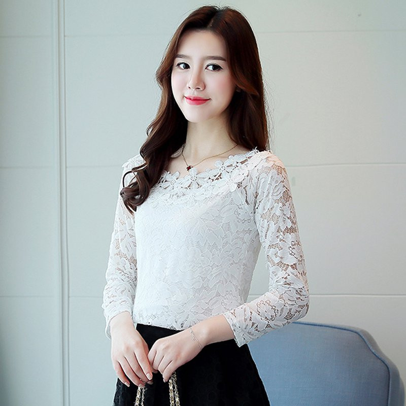 2019, noua toamnă, bluze din dantelă albă pentru femei, topuri feminine cu mâneci lungi, cămăși elegante cu scobitură bluză cu flori dentelle