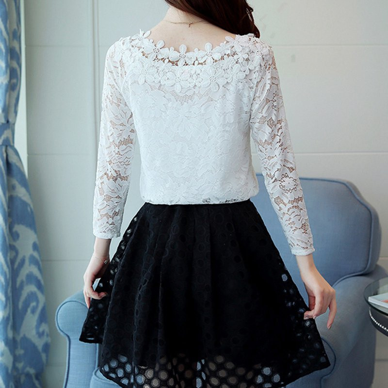 2019, noua toamnă, bluze din dantelă albă pentru femei, topuri feminine cu mâneci lungi, cămăși elegante cu scobitură bluză cu flori dentelle