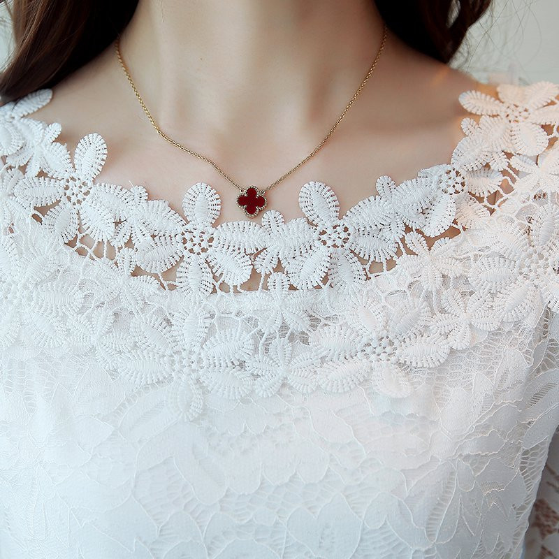 2019, noua toamnă, bluze din dantelă albă pentru femei, topuri feminine cu mâneci lungi, cămăși elegante cu scobitură bluză cu flori dentelle