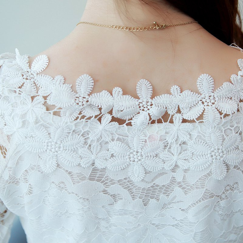2019, noua toamnă, bluze din dantelă albă pentru femei, topuri feminine cu mâneci lungi, cămăși elegante cu scobitură bluză cu flori dentelle