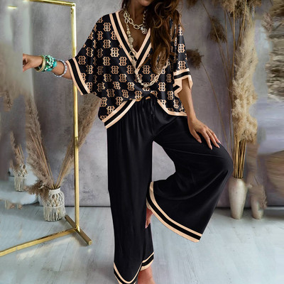 Set de două piese cu lanț de toamnă pentru femei, ocazional, cu mâneci liliac, costume de top, elegante, cu imprimeu leopard, pantaloni largi