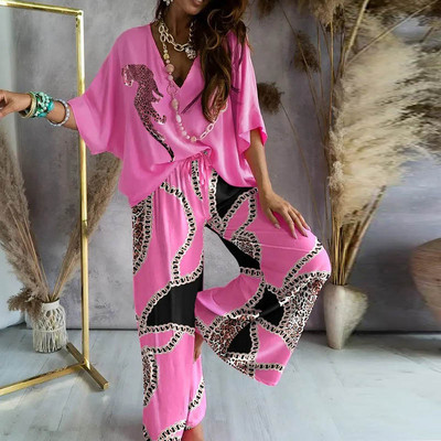 Set de două piese cu lanț de toamnă pentru femei, ocazional, cu mâneci liliac, costume de top, elegante, cu imprimeu leopard, pantaloni largi