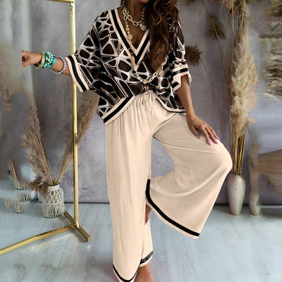 Set de două piese cu lanț de toamnă pentru femei, ocazional, cu mâneci liliac, costume de top, elegante, cu imprimeu leopard, pantaloni largi