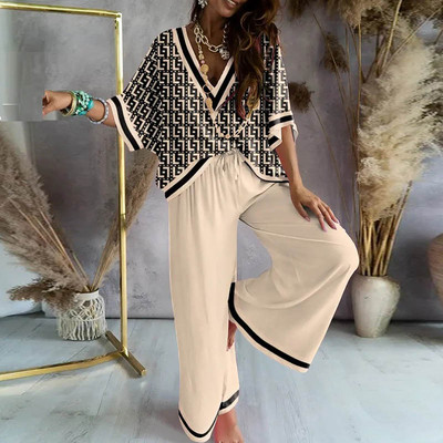 Set de două piese cu lanț de toamnă pentru femei, ocazional, cu mâneci liliac, costume de top, elegante, cu imprimeu leopard, pantaloni largi