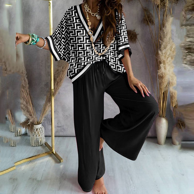 Set de două piese cu lanț de toamnă pentru femei, ocazional, cu mâneci liliac, costume de top, elegante, cu imprimeu leopard, pantaloni largi