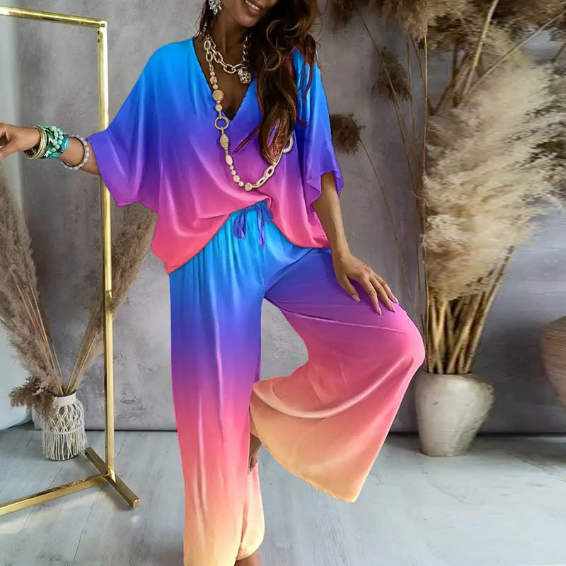 Jesenné retiazkové vykladané dvojdielne súpravy pre ženy, ležérne topy s netopierími rukávmi, elegantné letné nohavice s leopardím vzorom a širokými nohavicami