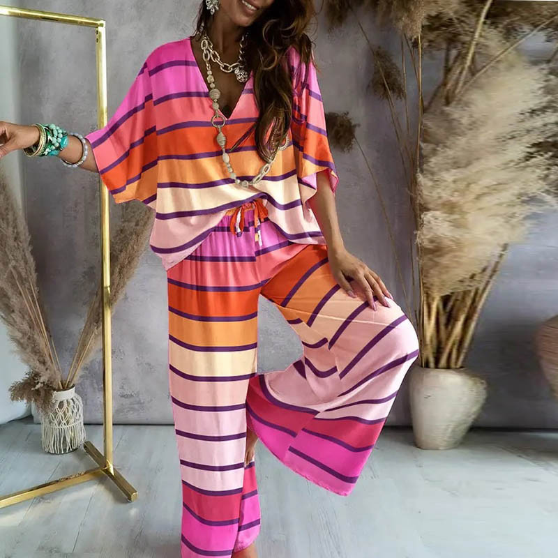 Jesenné retiazkové vykladané dvojdielne súpravy pre ženy, ležérne topy s netopierími rukávmi, elegantné letné nohavice s leopardím vzorom a širokými nohavicami