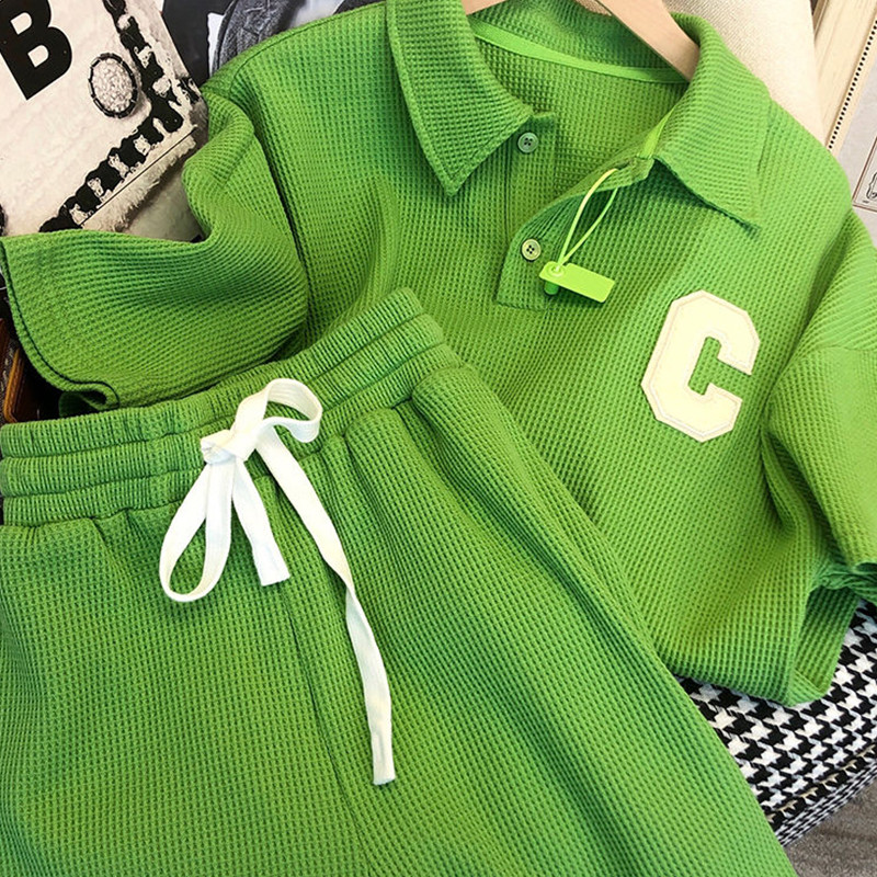 Gmiixder Green Waffle Ležerno sportsko odijelo Muška ženska Ženska prevelika trenerka Ljetna majica kratkih rukava i kratke hlače Dvodijelni set