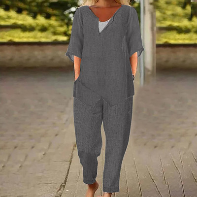 Γυναικεία Βαμβακερά Λινά Σετ δύο τεμαχίων Ανοιξιάτικες φθινοπωρινές τσέπες γραφείου Μακριά παντελόνια Γυναικεία κοστούμια με κοντομάνικο μπλουζάκι στο δρόμο