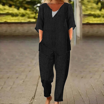 Γυναικεία Βαμβακερά Λινά Σετ δύο τεμαχίων Ανοιξιάτικες φθινοπωρινές τσέπες γραφείου Μακριά παντελόνια Γυναικεία κοστούμια με κοντομάνικο μπλουζάκι στο δρόμο