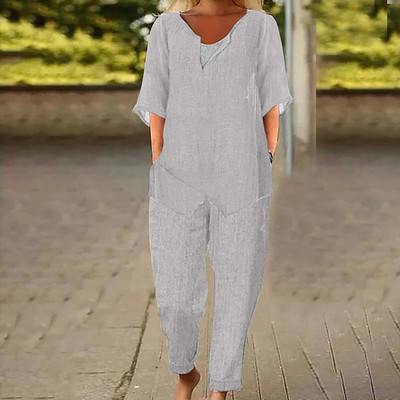 Γυναικεία Βαμβακερά Λινά Σετ δύο τεμαχίων Ανοιξιάτικες φθινοπωρινές τσέπες γραφείου Μακριά παντελόνια Γυναικεία κοστούμια με κοντομάνικο μπλουζάκι στο δρόμο