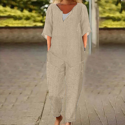 Γυναικεία Βαμβακερά Λινά Σετ δύο τεμαχίων Ανοιξιάτικες φθινοπωρινές τσέπες γραφείου Μακριά παντελόνια Γυναικεία κοστούμια με κοντομάνικο μπλουζάκι στο δρόμο