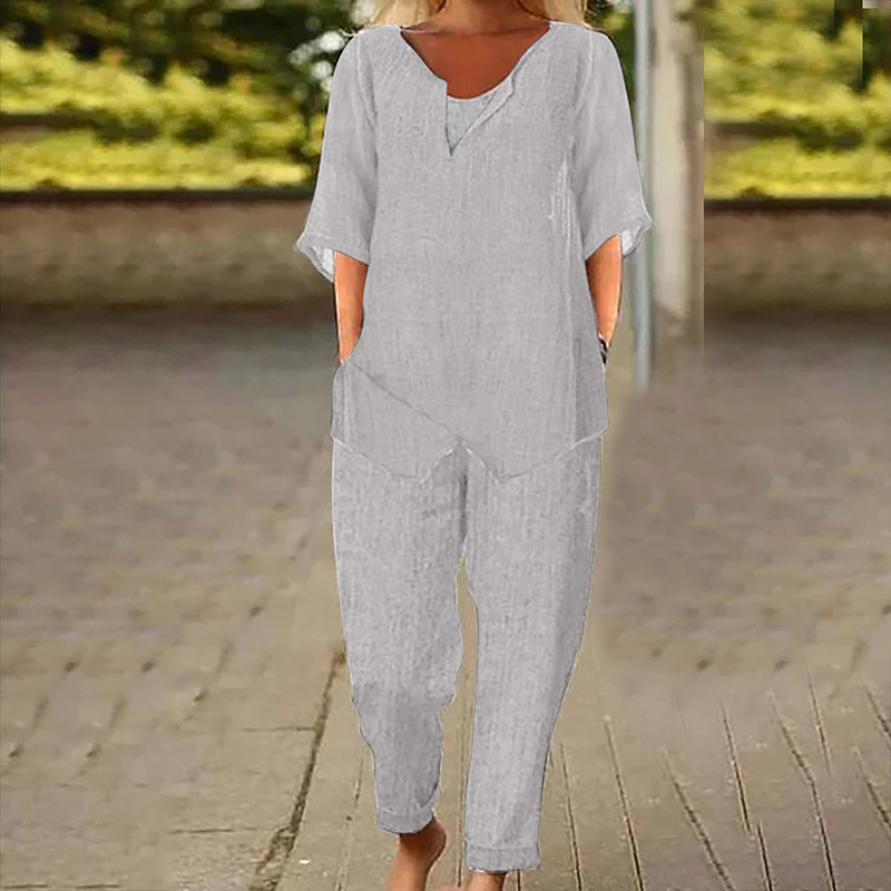 Γυναικεία Βαμβακερά Λινά Σετ δύο τεμαχίων Ανοιξιάτικες φθινοπωρινές τσέπες γραφείου Μακριά παντελόνια Γυναικεία κοστούμια με κοντομάνικο μπλουζάκι στο δρόμο