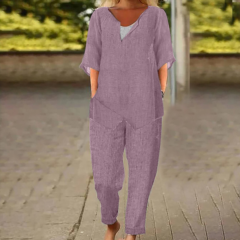 Γυναικεία Βαμβακερά Λινά Σετ δύο τεμαχίων Ανοιξιάτικες φθινοπωρινές τσέπες γραφείου Μακριά παντελόνια Γυναικεία κοστούμια με κοντομάνικο μπλουζάκι στο δρόμο