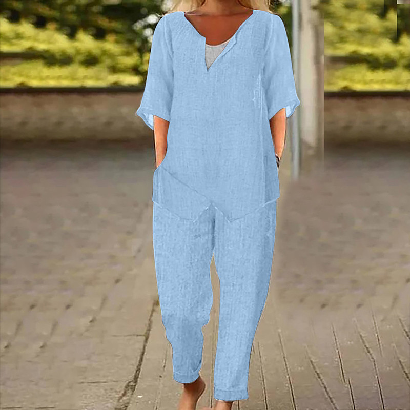 Γυναικεία Βαμβακερά Λινά Σετ δύο τεμαχίων Ανοιξιάτικες φθινοπωρινές τσέπες γραφείου Μακριά παντελόνια Γυναικεία κοστούμια με κοντομάνικο μπλουζάκι στο δρόμο