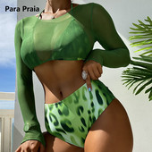 Para Praia háromrészes hálós hosszú ujjú borító bikini szett magas derekú női fürdőruha Női fürdőruha fürdőruha
