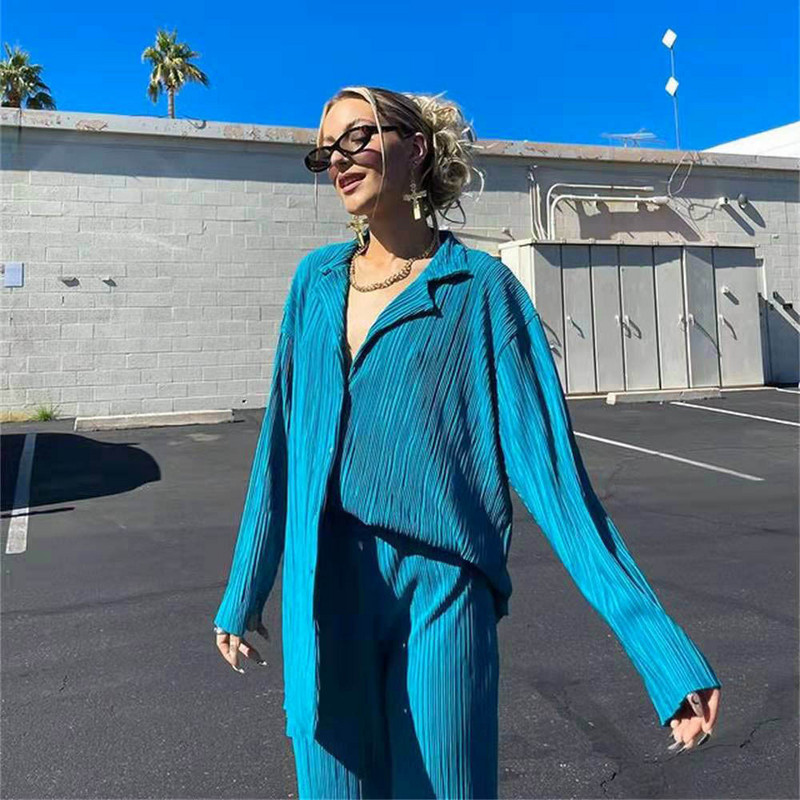 2023 Pantaloni plisați în două piese pentru femei, costume casual șic, de culoare solidă, cămăși cu mânecă lungă, set de pantaloni cu picioare drepte Seturi asortate nou