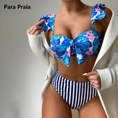 Para Praia Blue Flower Print Σετ μπικίνι με βολάν ριγέ ψηλόμεσο μαγιό Σέξι μαγιό Γυναικείο μαγιό με επίδεσμο