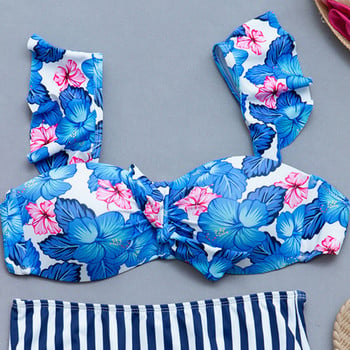 Para Praia Blue Flower Print Σετ μπικίνι με βολάν ριγέ ψηλόμεσο μαγιό Σέξι μαγιό Γυναικείο μαγιό με επίδεσμο