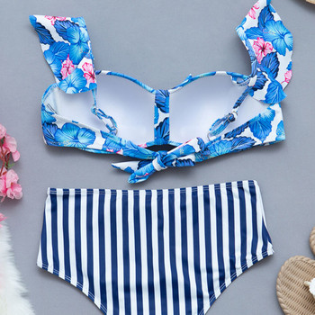 Para Praia Blue Flower Print Σετ μπικίνι με βολάν ριγέ ψηλόμεσο μαγιό Σέξι μαγιό Γυναικείο μαγιό με επίδεσμο