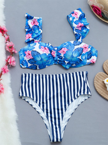 Para Praia Blue Flower Print Σετ μπικίνι με βολάν ριγέ ψηλόμεσο μαγιό Σέξι μαγιό Γυναικείο μαγιό με επίδεσμο