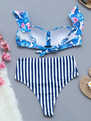 Para Praia Blue Flower Print Σετ μπικίνι με βολάν ριγέ ψηλόμεσο μαγιό Σέξι μαγιό Γυναικείο μαγιό με επίδεσμο