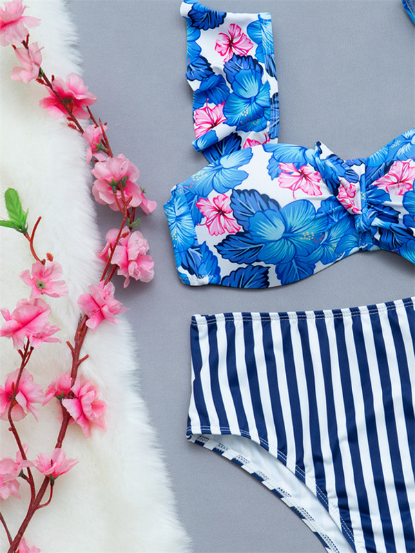 Para Praia Blue Flower Print Σετ μπικίνι με βολάν ριγέ ψηλόμεσο μαγιό Σέξι μαγιό Γυναικείο μαγιό με επίδεσμο
