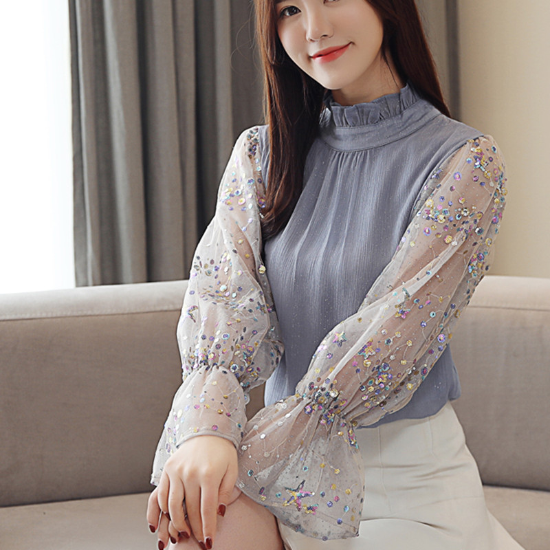 Nové módne šifónové blúzky pre ženy 2019 Jarné košele Patchwork Mesh Flanelové rukávy Elegantné košele Pulóvre Topy Dámske