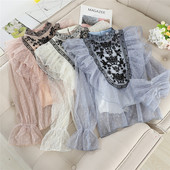 2020 cămașă două piese + tanc femei volane bluză plasă cârlig flori din dantelă cămăși femei mânecă evazată bluze scobite topuri AB1865