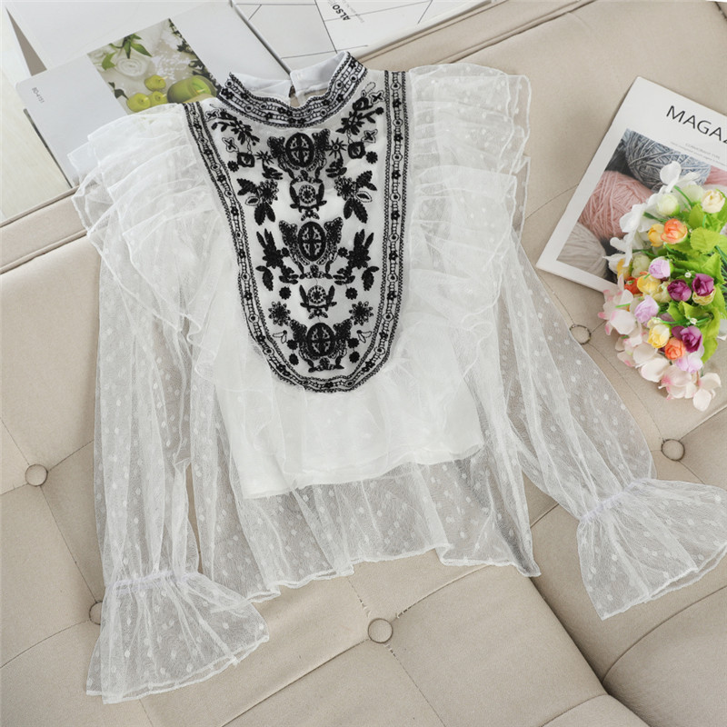 2020 cămașă două piese + tanc femei volane bluză plasă cârlig flori din dantelă cămăși femei mânecă evazată bluze scobite topuri AB1865